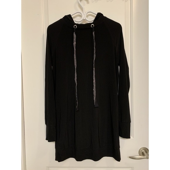 Joseph Ribkoff Tops - Joseph Ribkoff Hoodie Tunic Size 10 Rhinestone Drawstring Black Slinky Knit